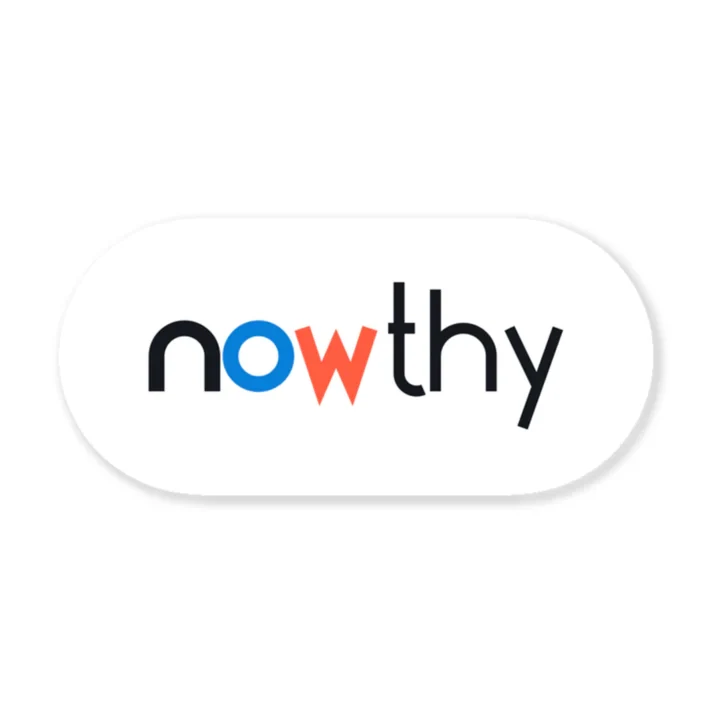A white rounded sticker with the nowthy wordmark, the o in blue and the w in orange.
