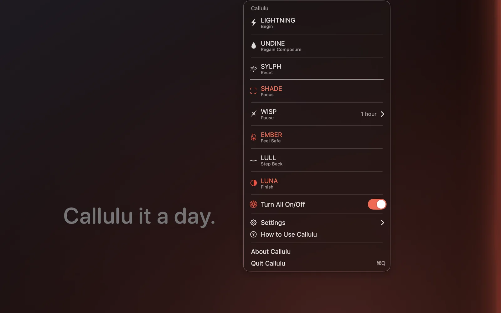 The Callulu menu with SHADE, EMBER and LUNA on, over a darkened Mac screen