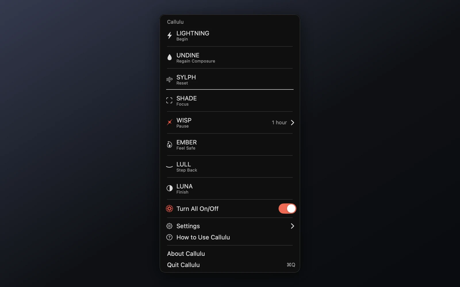 The Callulu menu open in the macOS menu bar, listing eight cues.
