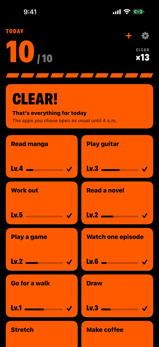 The board with every tile lit in orange and a CLEAR banner at the top.