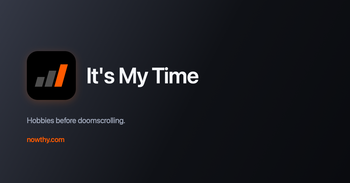 The It's My Time app icon, three slanted bars with the last one orange, and the name It's My Time on a black card
