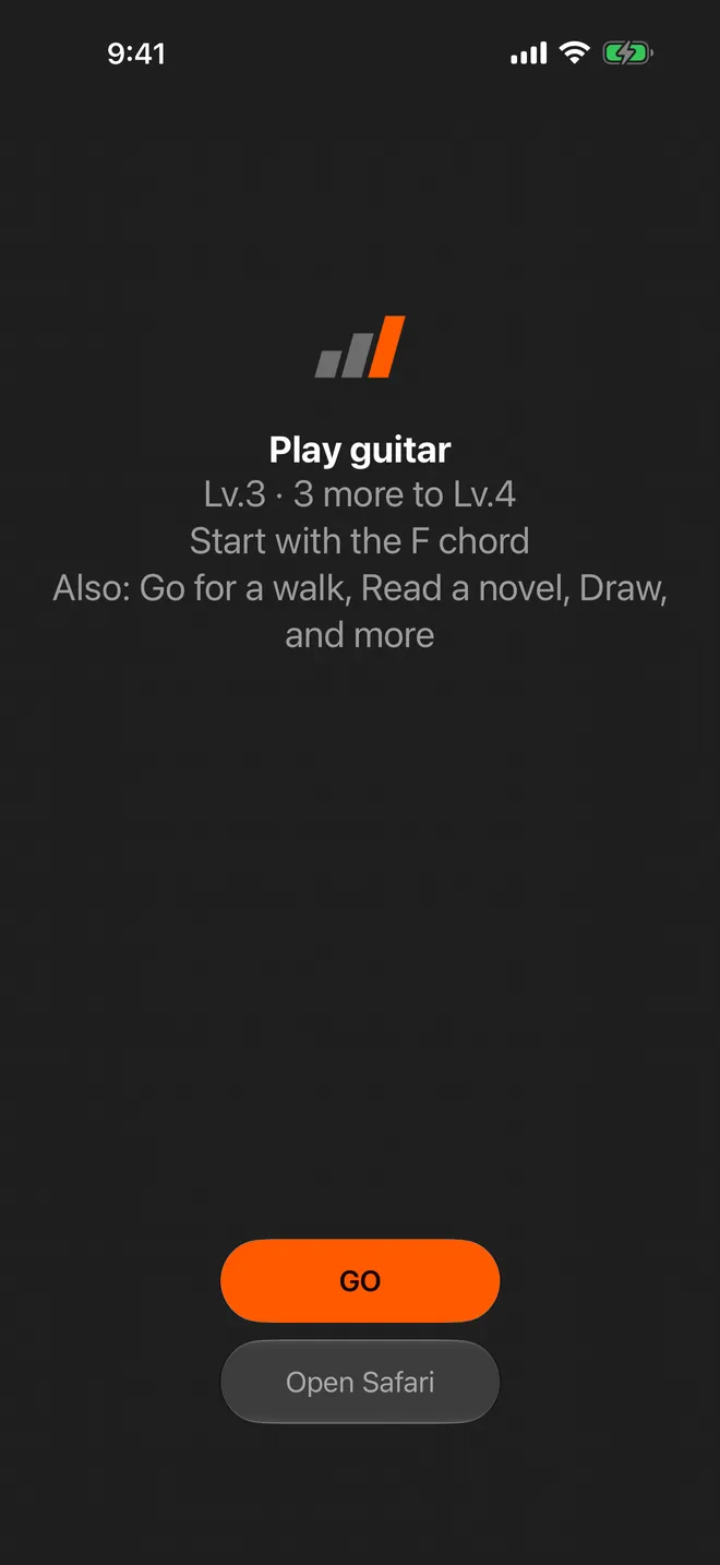 The It's My Time screen that appears before Safari opens: Play guitar, Lv.3, a note line, three other items, an orange GO button and an Open Safari button.