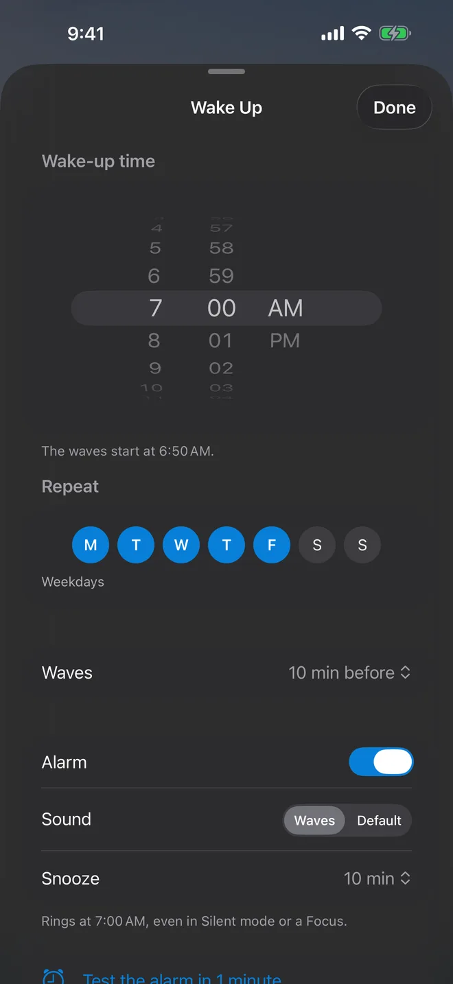 The Wake Up settings: a time wheel at 7:00 AM, weekdays chosen, waves 10 minutes before, the alarm on with the Waves sound, and a 10-minute snooze.