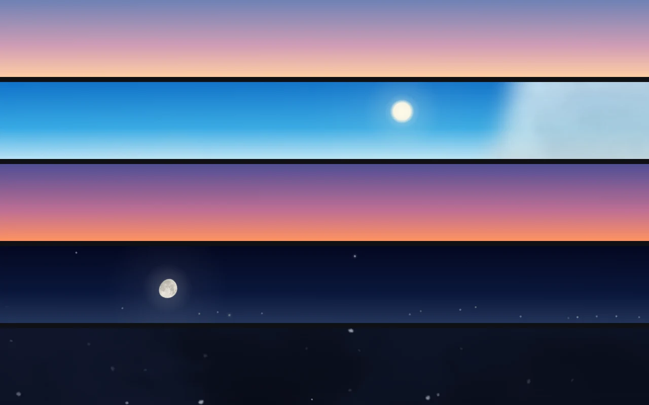 Five strips of the Petit Sky menu bar sky: dawn, a blue noon sky with clouds, sunset, a night with the moon and stars, and a snowy night