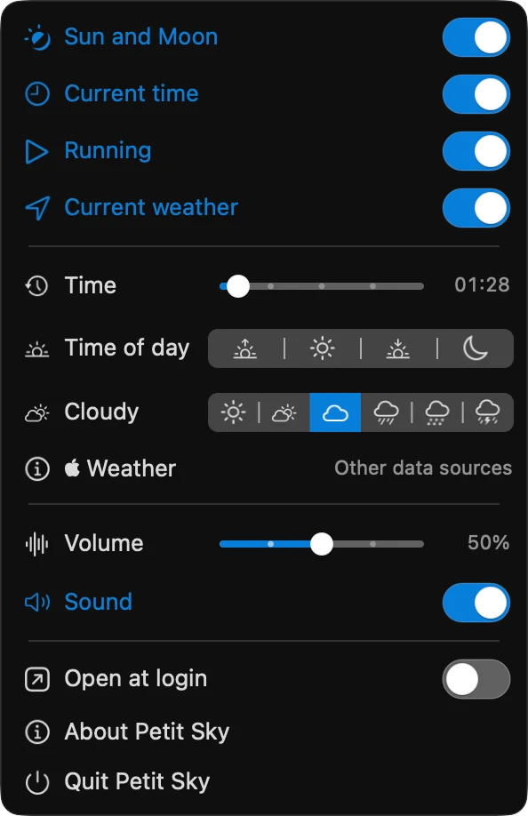 The Petit Sky menu: Sun and Moon, Current time, Running, Current weather (on, with the Apple Weather mark and a link to other data sources), Time, Time of day, Weather, Volume, Sound, Open at login, About Petit Sky and Quit Petit Sky.