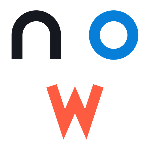The now mark: a face made of the letters n, o and w, with the o in blue and the w in red.