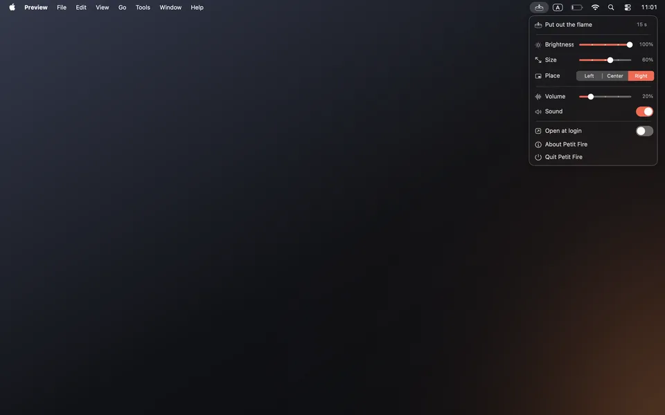 A Petit Fire screenshot: the menu open at the top right of a dark Mac screen, with a warm light in the bottom right corner.