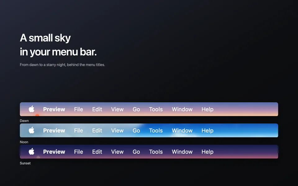 A Petit Sky screenshot: three Mac menu bars with the sky behind the menu titles, at dawn, noon and sunset.