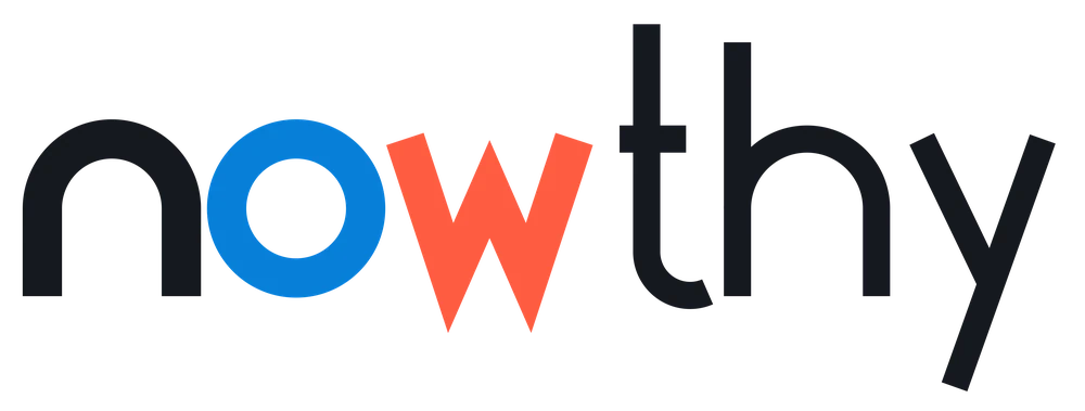 The nowthy wordmark: dark letters, with the o in blue and the w in red.