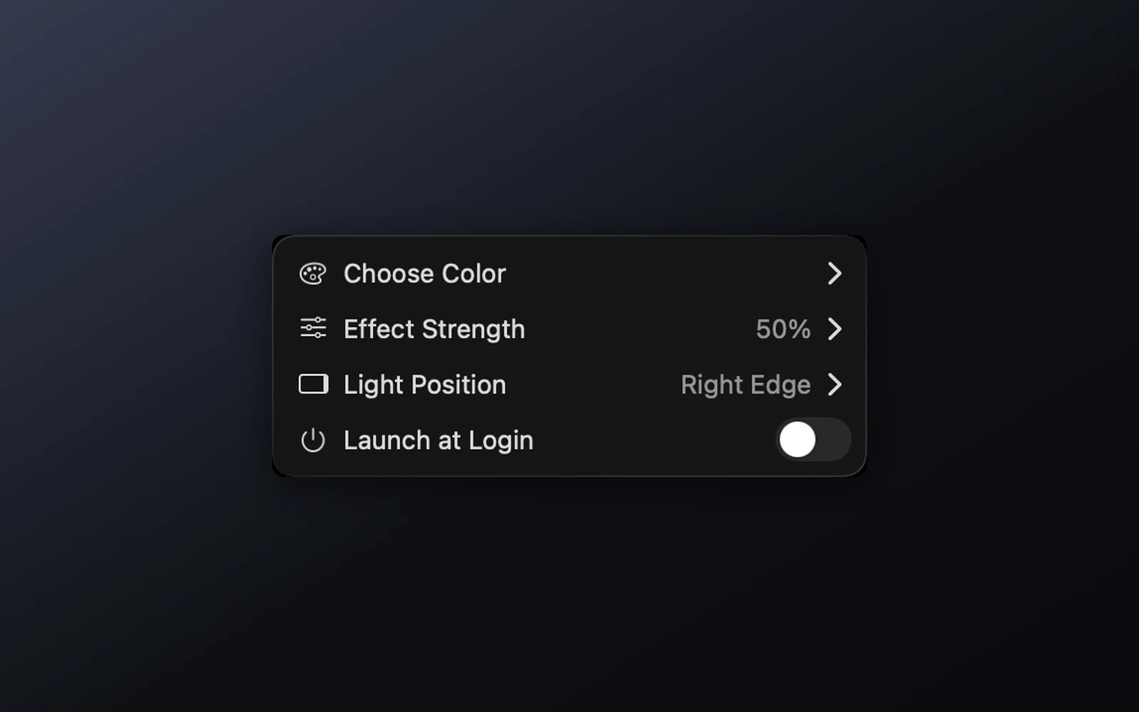 Callulu settings: colour, effect strength, light position, launch at login.